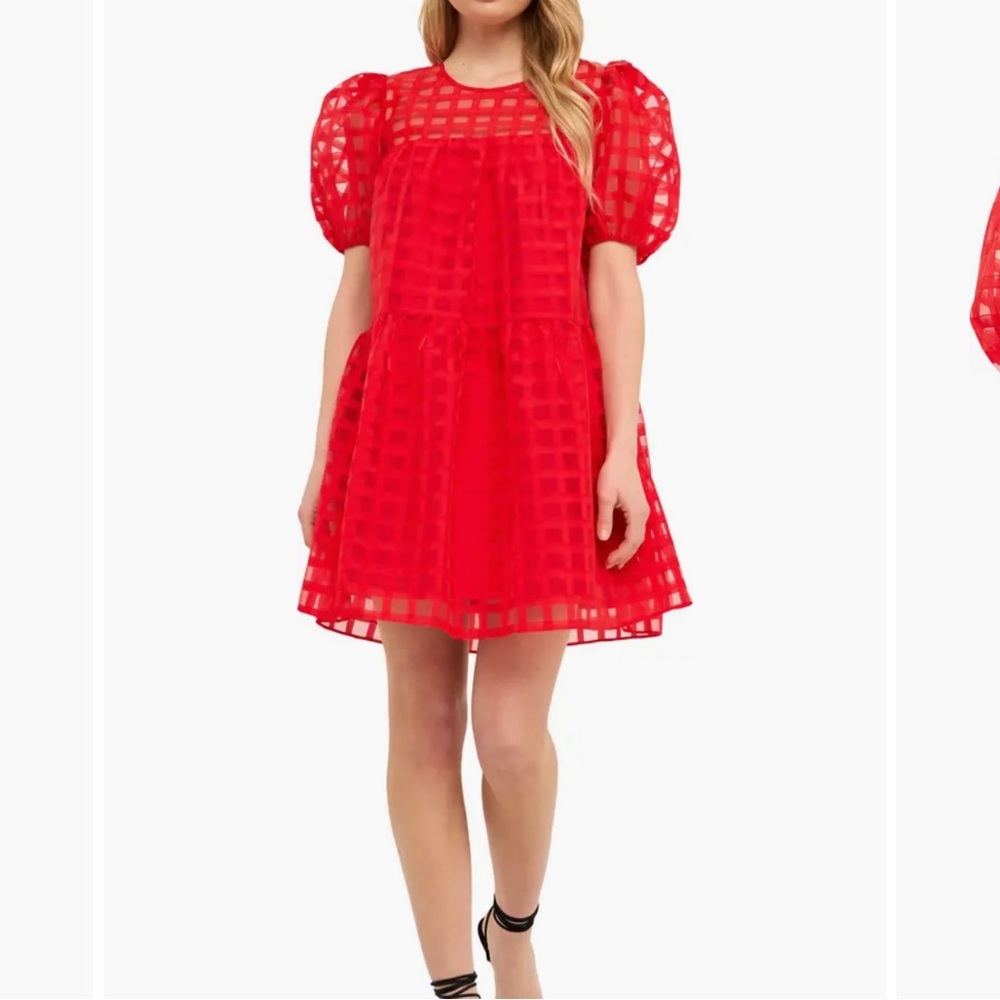 English Factory Red Puff-Sleeve Check Mesh Dress for Girls